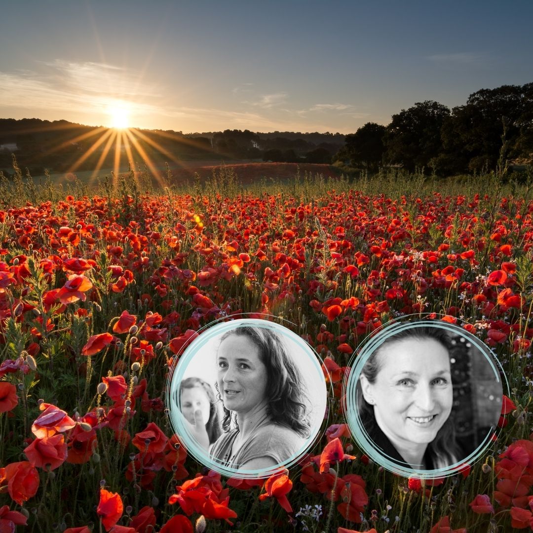 field of poppies at sunset with image overlay of Katrin and Jacqui