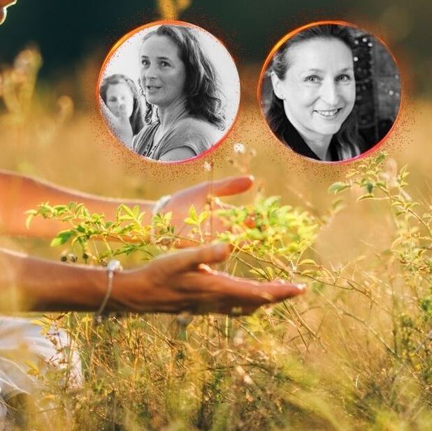 open hands brushing across golden grass with headshot overlays of Katrin and Jacqueline